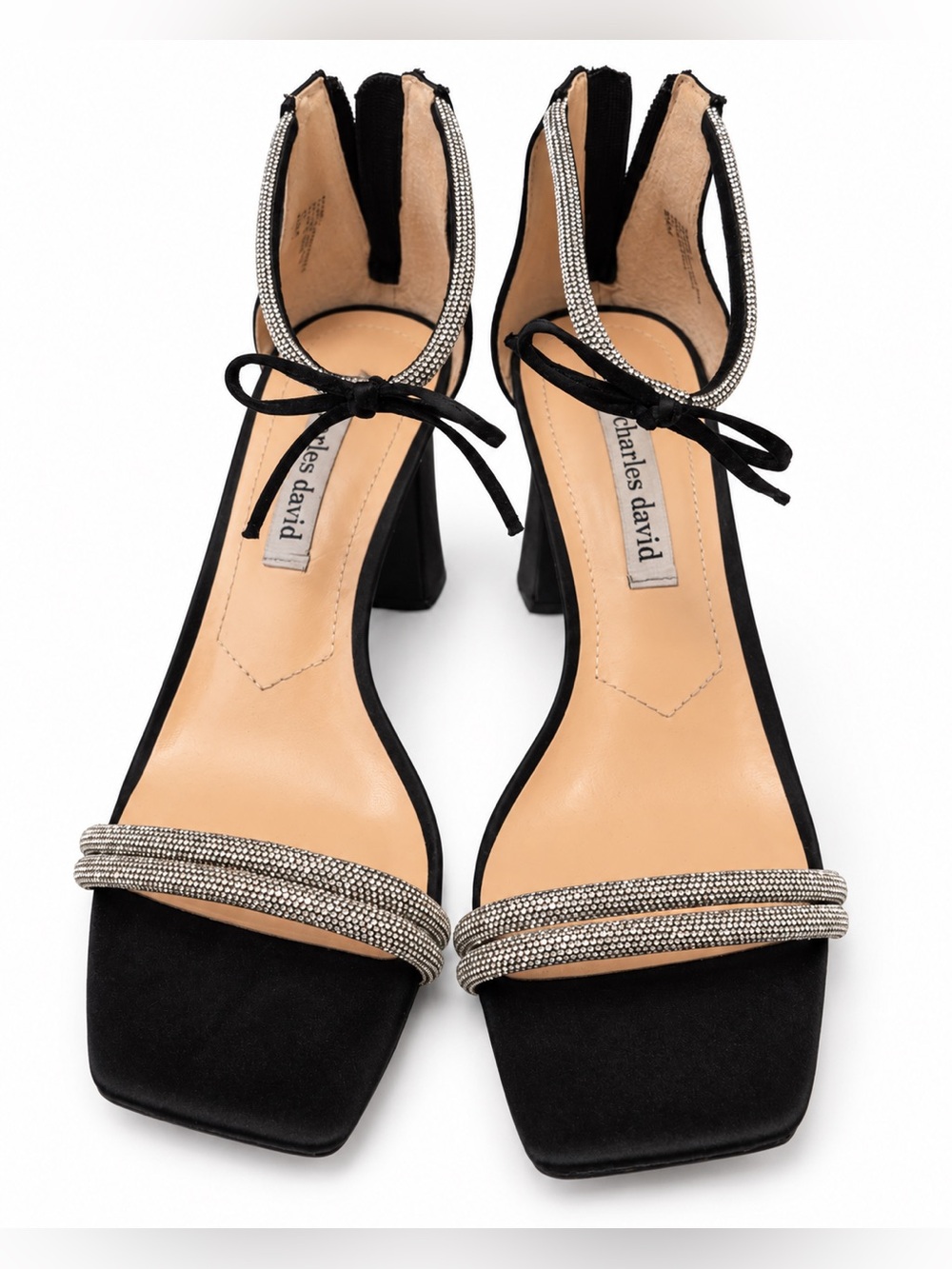 Charles David Black Suede Open-Toe Heels with Crystal Straps